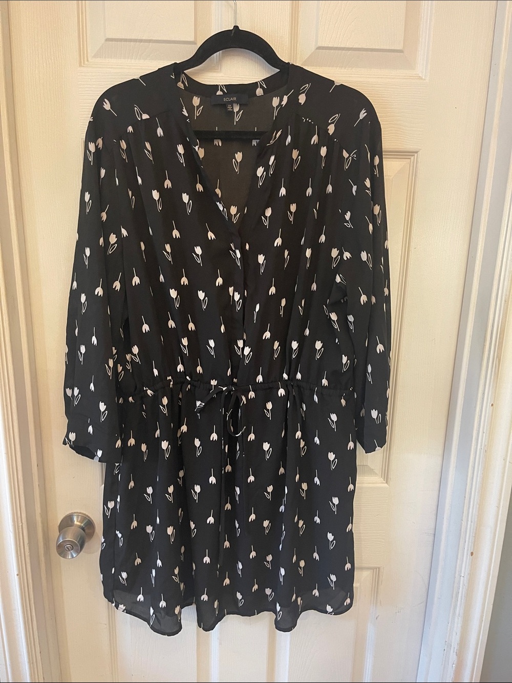 Black Floral Tie-Waist Long Sleeve Shirt Dress or Tunic